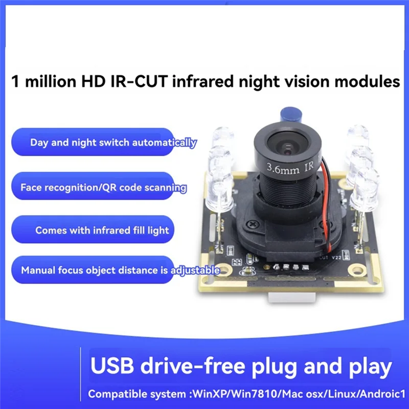Módulo de câmera USB IR-Cut OV9732 72 graus interruptor automático dia 1MP foco ajustável Forwin7/Win8/Win10