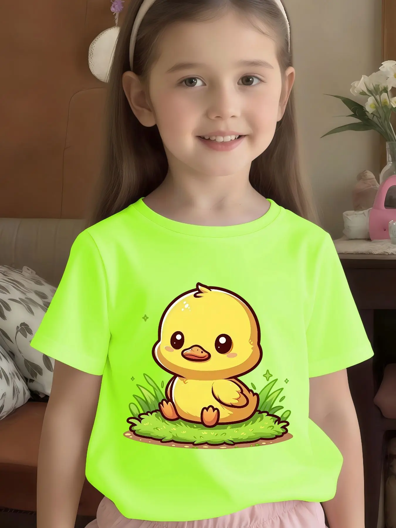 Cute Cartoon Yellow Duck Print Graphic Kids Tee Boys Girls Family Matching Cotton Crew Neck Short Sleeve Soft Summer Tee