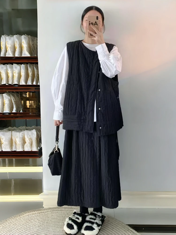 

Korean Sle Autumn Winter Thiened Cotton Slimming Asymmetric Design Svel Vest And Skirt Set for Women High Waist Mid...
