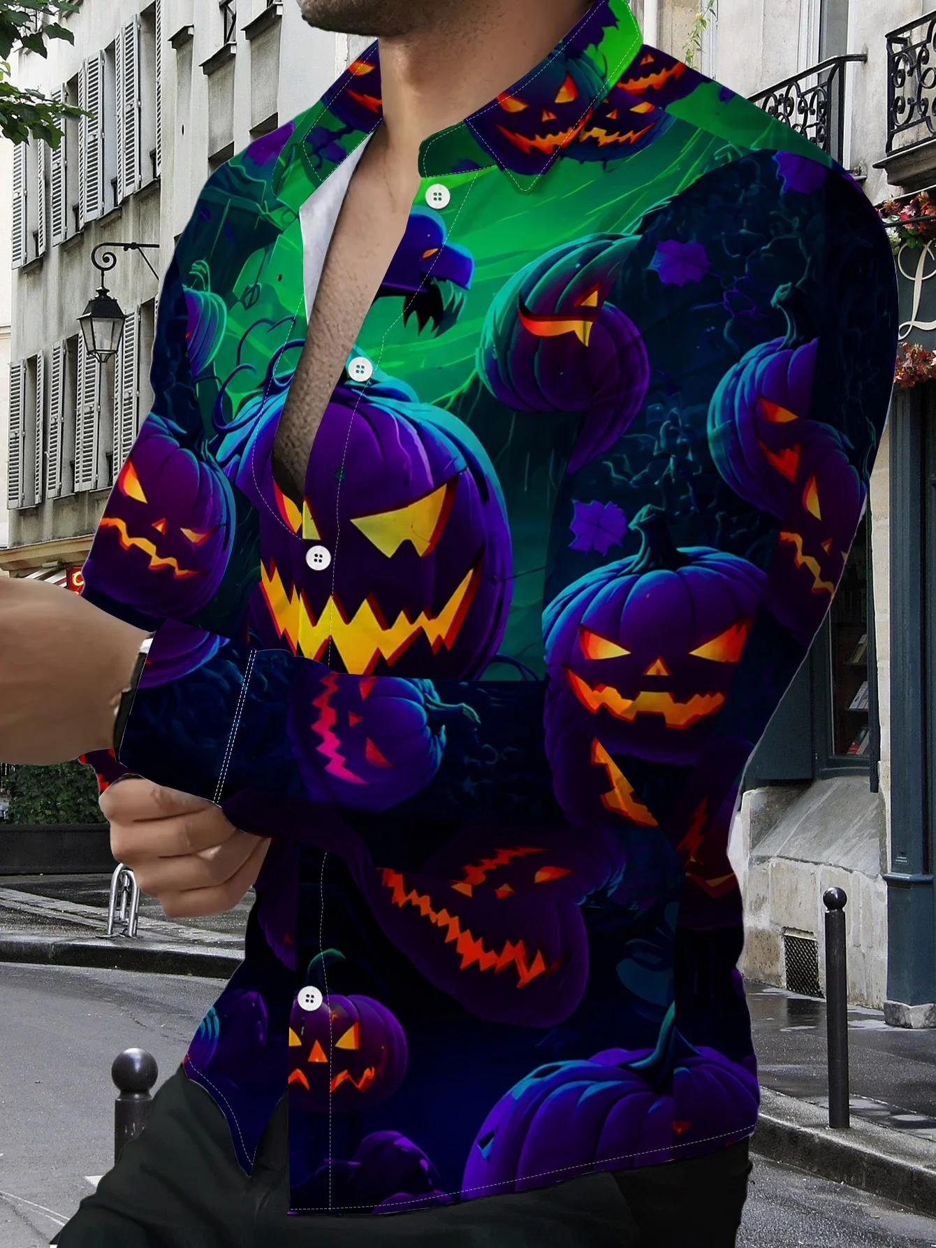 Men Long Sleeve Button Down Shirt Blue Purple Glowing Pumpkin Lantern Print Polyester Lapel Collar Halloween Party