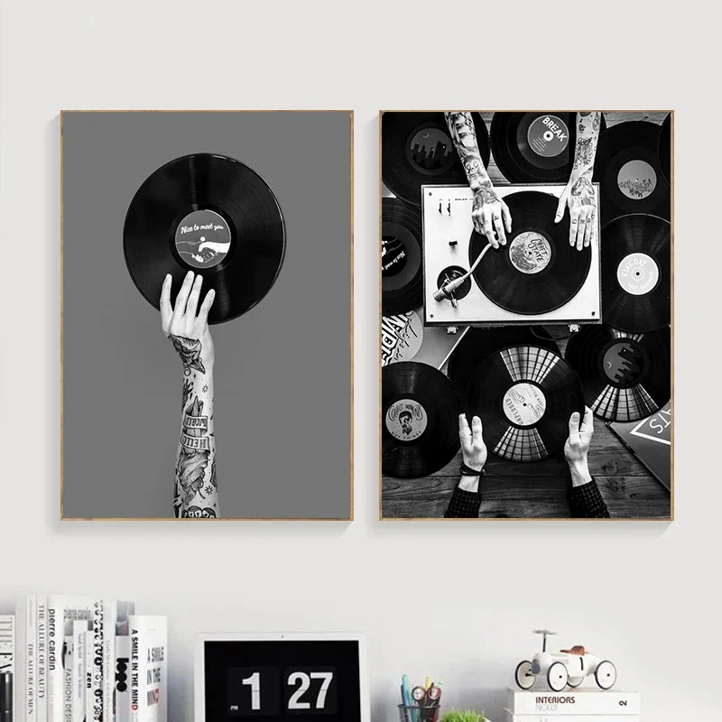 Black White Vintage Music Vinyl Record Poster Wall Art Headphone Lyrics Guitar Canvas Painting Prints Music Studio Decor Picture