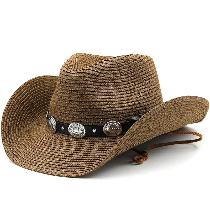 New Cowboy Summer Hats For Men Women Gril Paper Straw Woven Wide Brim Hollow Out Straw Hat Unisex Beach Sun Hat