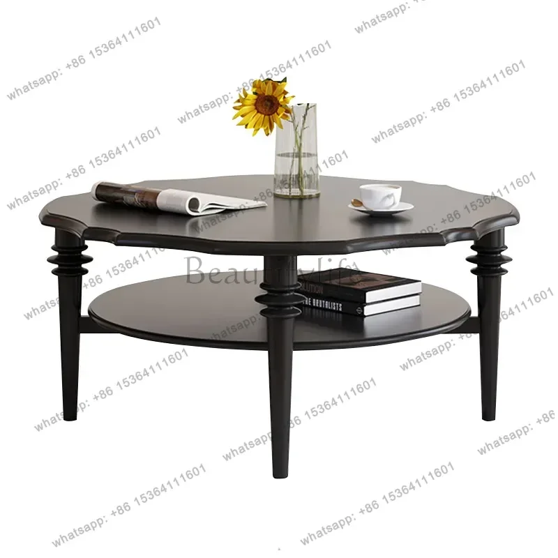 

French retro TV cabinet, coffee table combination living room, new medieval style black TV cabinet, household solid wood floor c