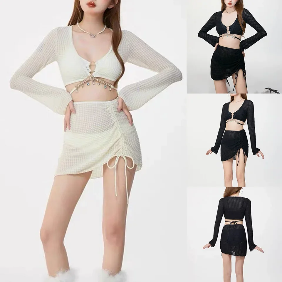 2025 Sexy Four-piece Women Swimsuit Bikini Set Long-sleeve Cover-up Swimwear Summer Solid Bikini Set Brazilian Beachwear