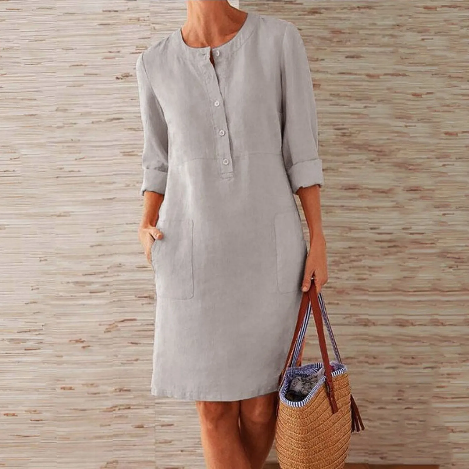 Bohemian Cotton Linen Solid Short Dress Womens Buttons O-Neck Long Sleeve Pockets Dress Elegant Vintage Holiday Beach Dresses