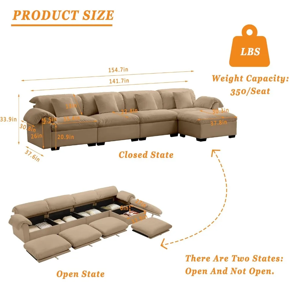 Cloud Couch Sectional Sofa for Living Room, Modular Sleeper Sofa with Storage, L-Shape Velvet Sofa with 4 Lumbar Pillows