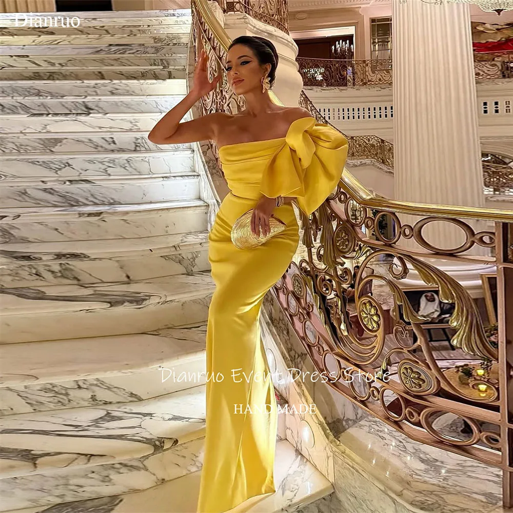 

Dianruo Canary Yellow Mermaid Evening Dresses Oversized One Shoulder Bow Party Gowns Satin Strapless Prom Dresses Customized
