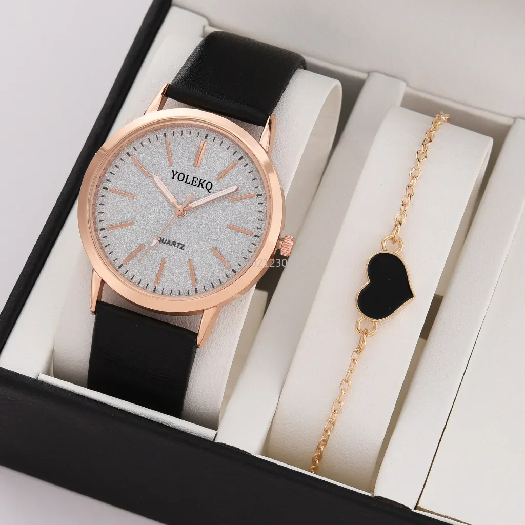 2pcs/Set Women Watches Fashion Casual Ladies Quartz Wristwatches Leather Strap Watch Women Female Clock for Girl Gift (No Box)