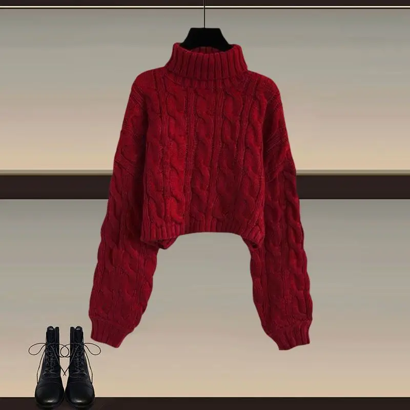 새로운 중국 슬레 민족 의상 세트 신년 전투복 빨간 스웨터와 한복 마 페이스 스커트 투피스 세트