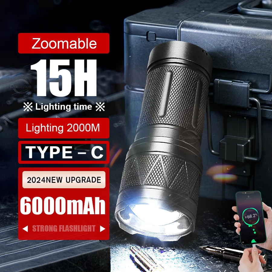 High Capacity 6000mAh Zoomable Flashlight Ultra Power 2000M Long Shot Flashlights Charge Portable Emergency Spotlight Led Torch