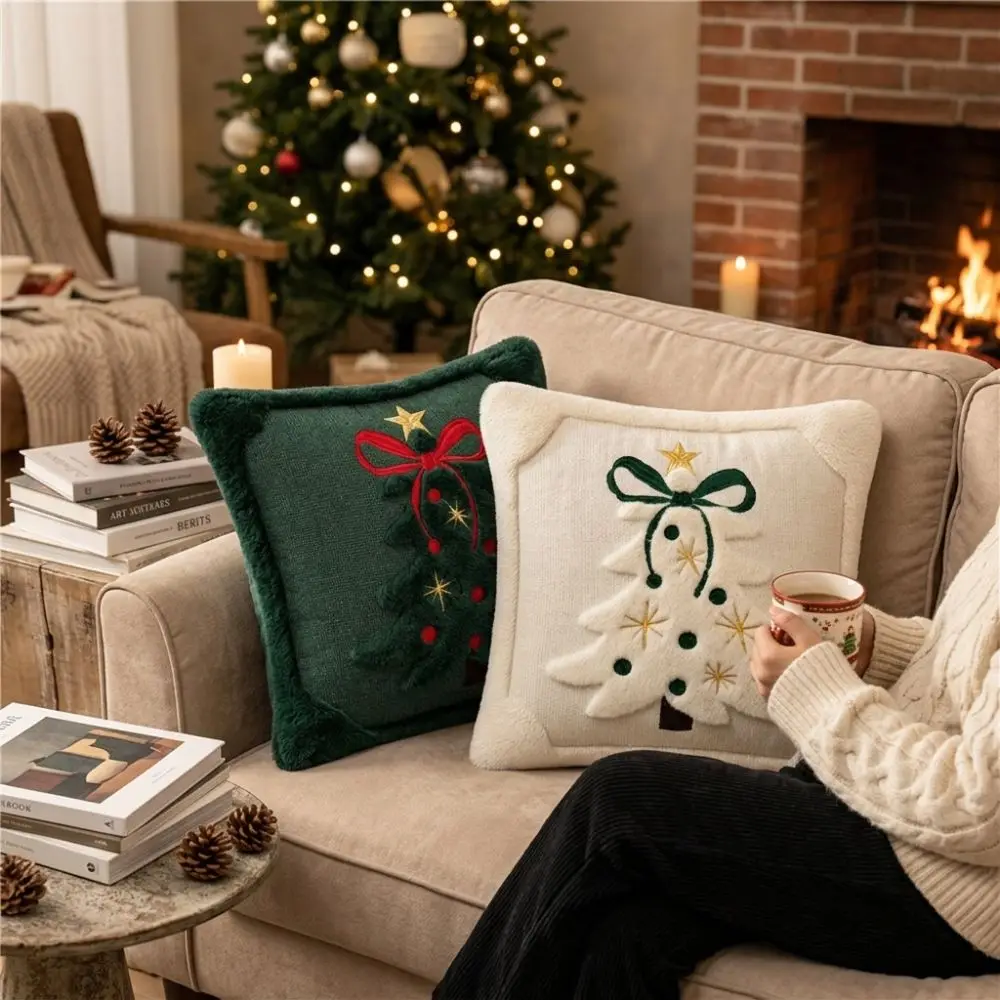 Plush Christmas Pillow Cover Christmas Tree Soft Fluffy Throw Pillow Cover Wear Resistant Square Pillowslip Home Sofa