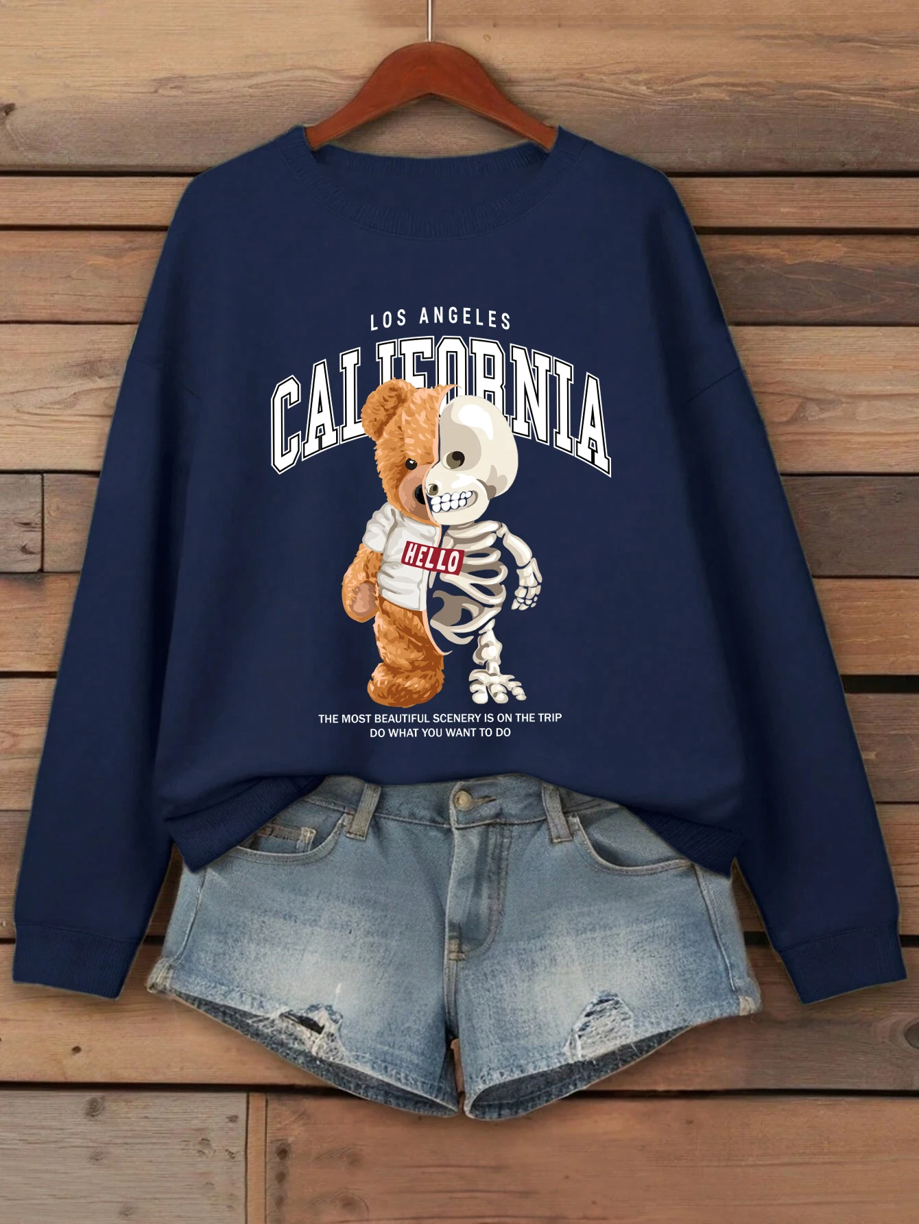الهيكل العظمي الدب لوس أنجلوس إلكتروني طباعة المرأة البلوز Crewneck الخريف الملابس عارضة الركض رياضية فضفاضة كنزة صوف