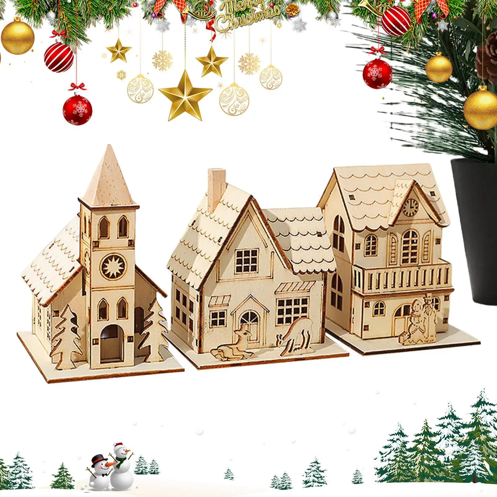 Weihnachtshaus für Tisch, leuchtende Tischkabine, 3 x lustige Feiertagsdekoration, niedliche Schreibtischdekoration für Schlafzimmer, Küche, Bauernhaus