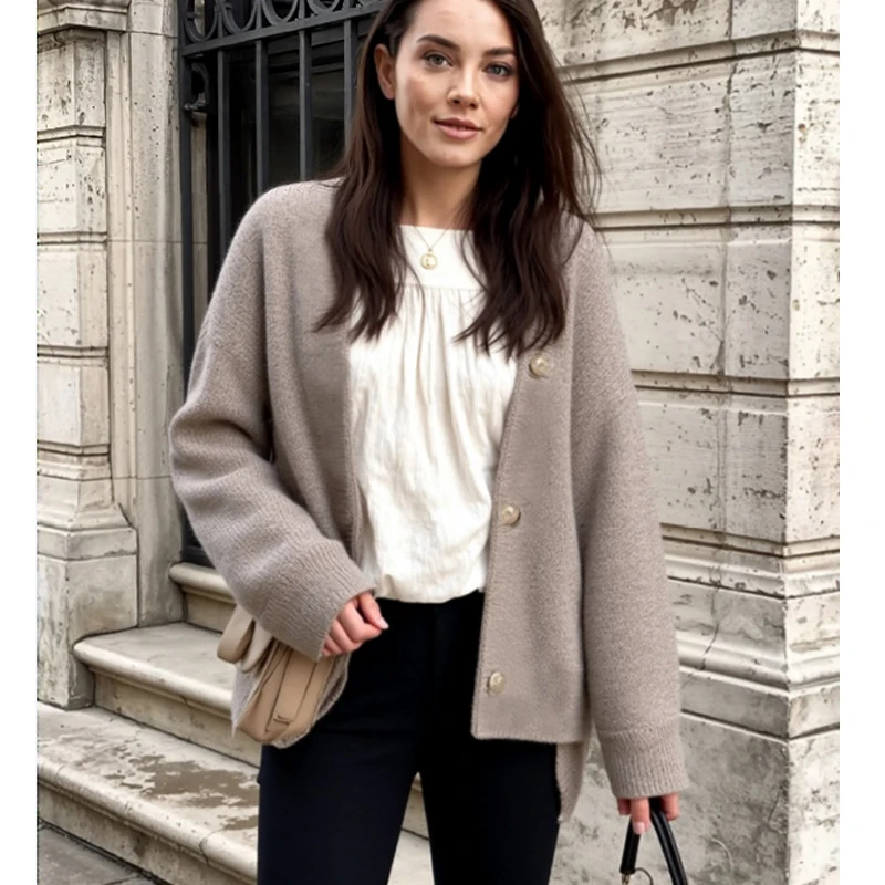 

Casual Loose Cardigan V-neck Women Sweater Autumn Elegant Knitted Office Long Sleeved Jacket Single Breasted Solid Color Coats