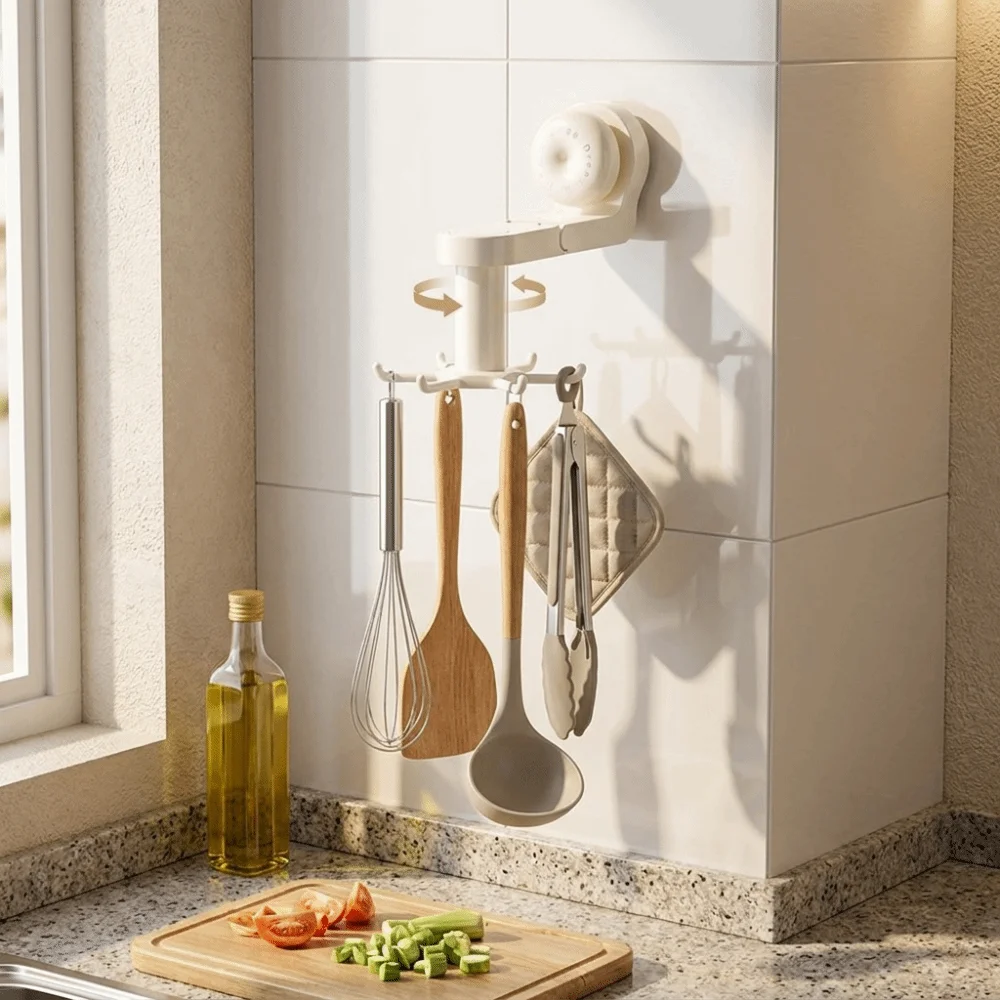 Rotatable Kitchen Rotating Hook Six-Claw Space-Saving Suction Cup Hook with Suction Cup Wall Mounted Storage Rack Cabinet