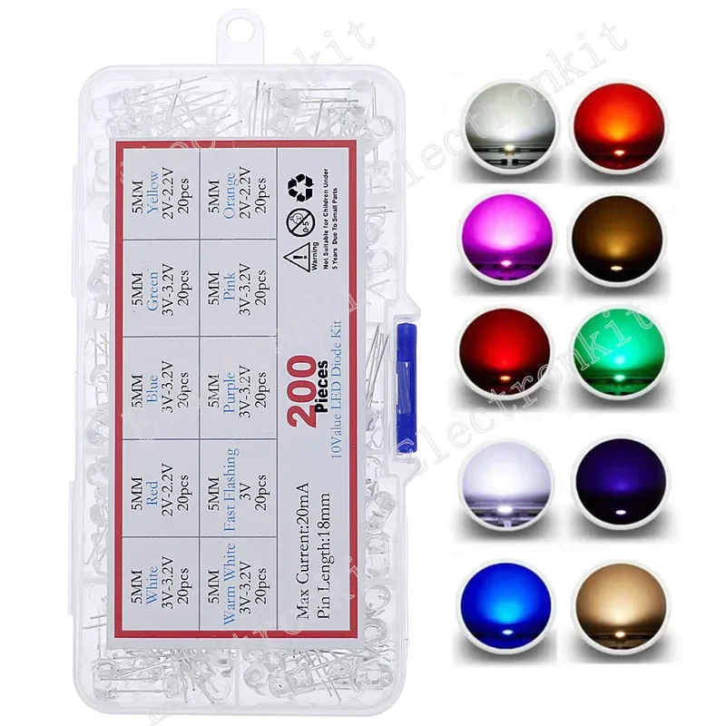200 peças 10 cores x 20 peças 5mm kit de sortimento de diodo led conjunto f 5mm emissor de luz branco quente verde azul azul amarelo laranja roxo pi