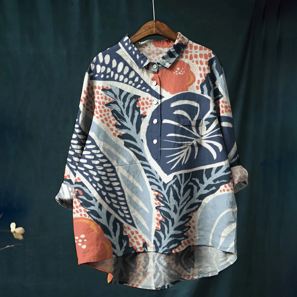 Women's Casual Lapel Shirt, Contrasting Colors, Flower Leaves, Graphic Printing, Long Sleeves, Loose, High Quality, Nice Clothes