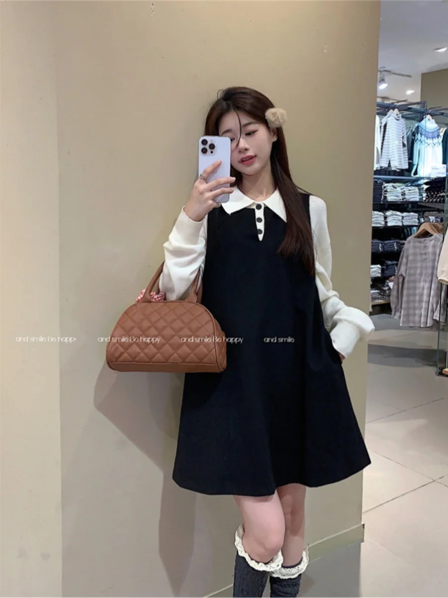 

2024 French Elegant Women Two Piece Dress Sets Turn Down Collar Long Sleeve Knitted Cardigan + Short Vest Dress Female Outfits