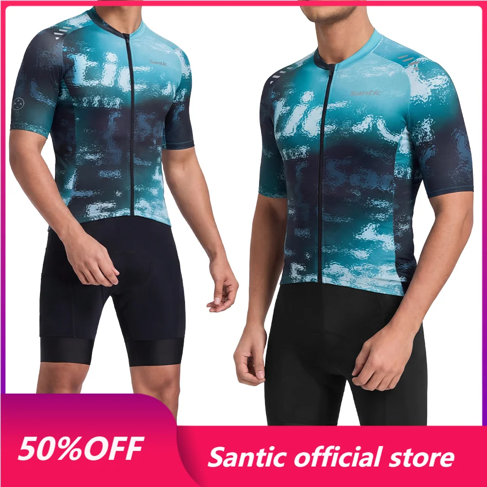 Santic Men's Cycling Suit Summer Short Sleeve Jersey Bib Shorts Breathable Quick Dry Road NTB Riding Clothes KM26CT105
