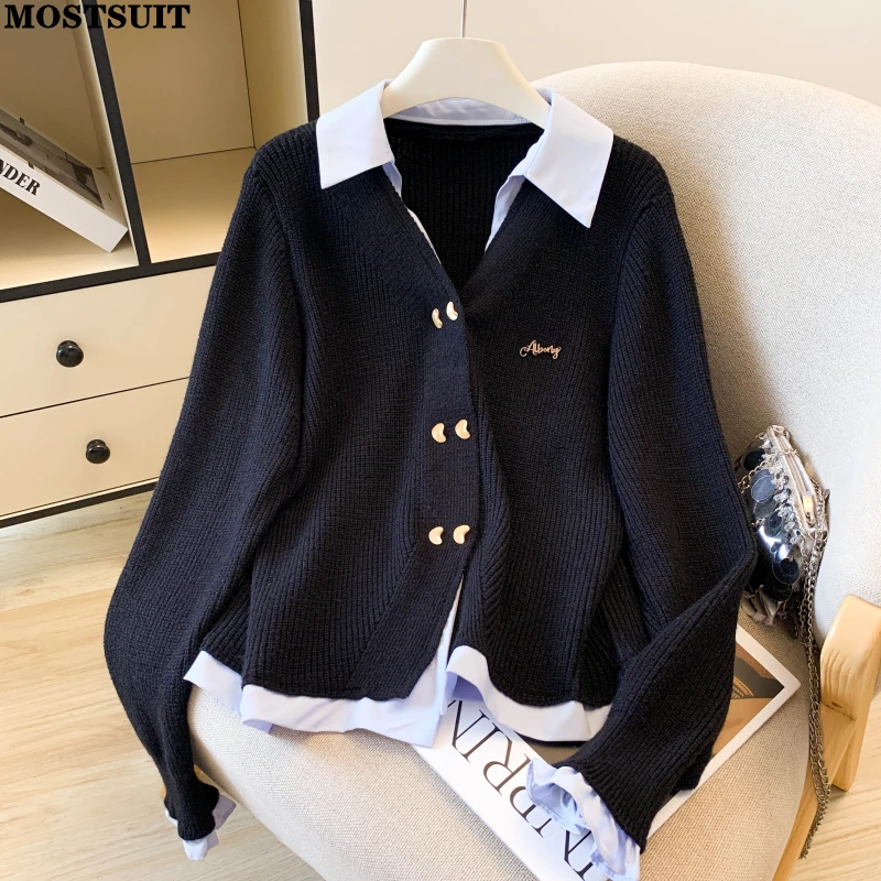 

Fake Two Pieces Knit Sweater Cardigan Women Jacket Coat Autumn Winter Full Sleeve Double-breasted Korean Fashion Ladies Jumpers