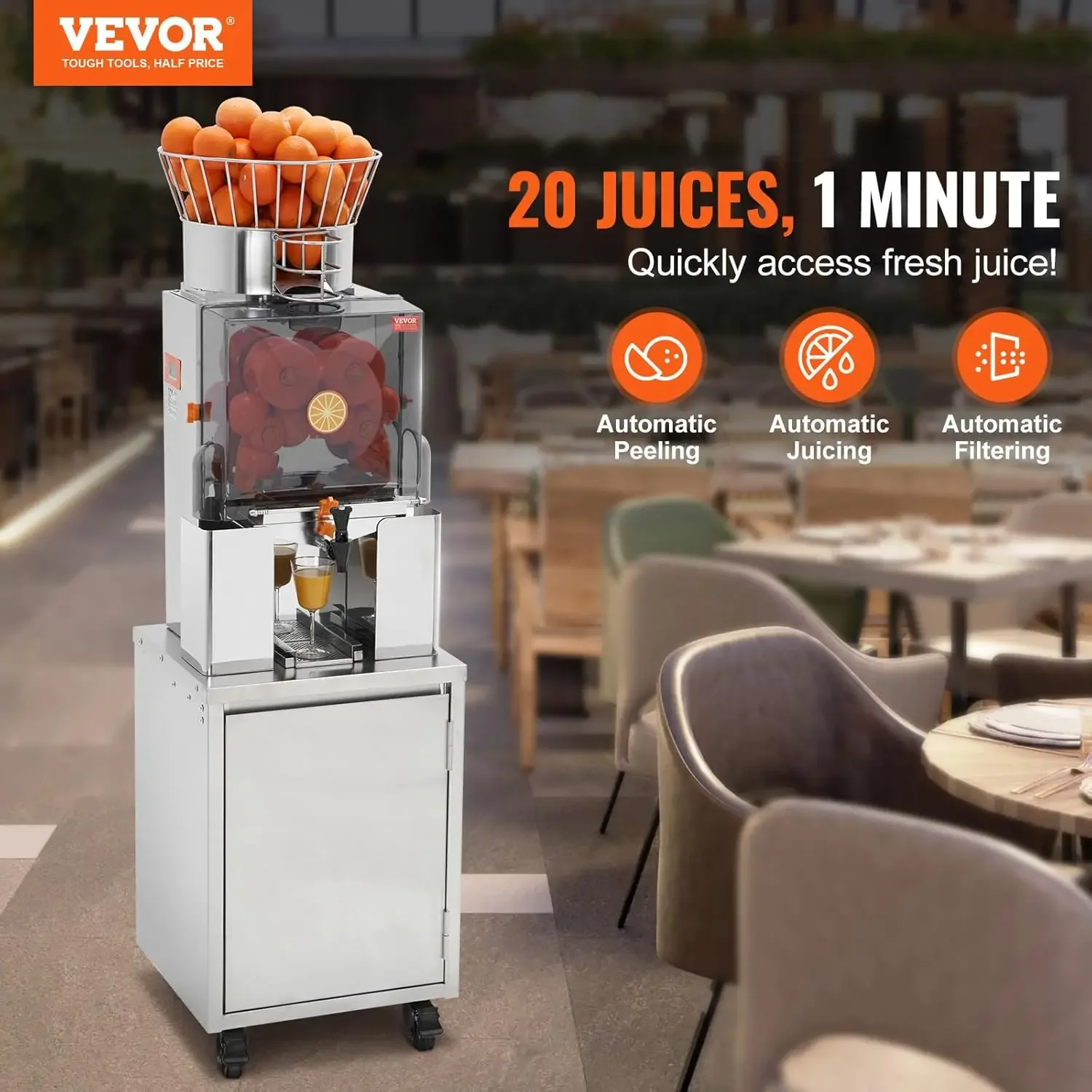 Commercial Orange Juicer, 120W Automatic Feeding Juice Extractor with Water Tap,Stainless Steel Juicer Machine 25 Oranges/Minute