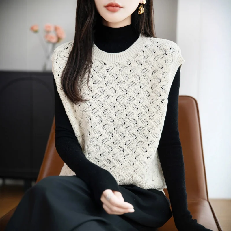 

% Cotton Round Neck Knitted Vest Women, New Autumn/Winter 2025 Style, Layered Cardigan, Jacquard Slimming Sleeveless Swea