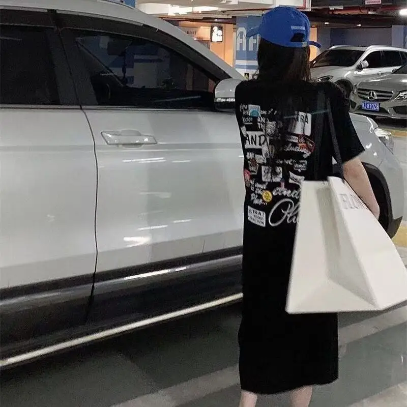 Jupe T-shirt ample mi-longue avec fente ort Sve, Design coréen Sle, vêtements d'extérieur d'été pour femmes, Faion décontracté Dr