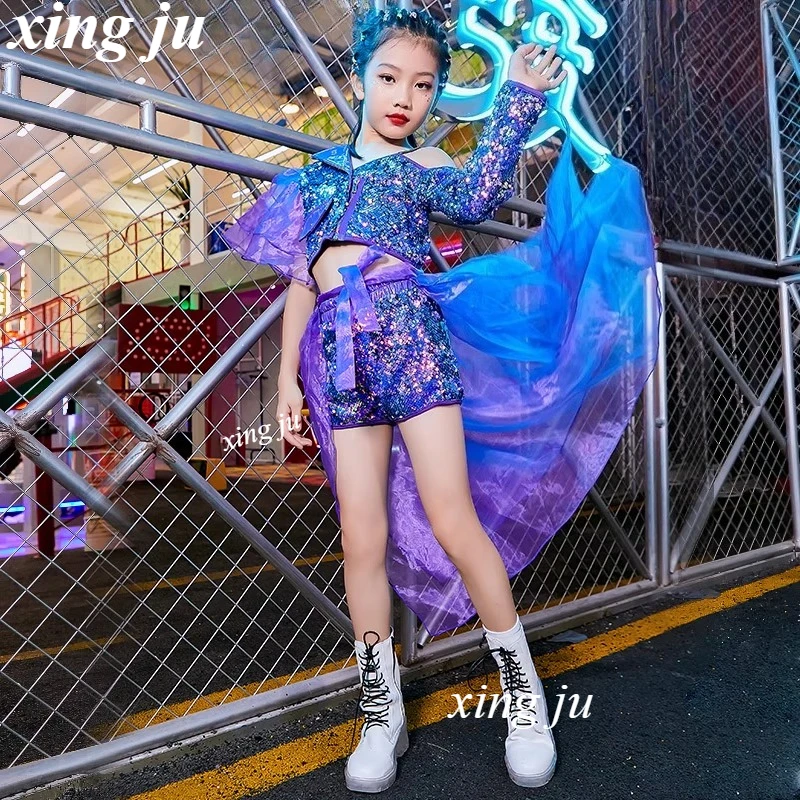 Nuovi bambini Jazz Dance Costume Ragazza Street Dance Sling Vest Top con cerniera Pantaloni patchwork di moda Bambini Hip Hop Stage Show Wear