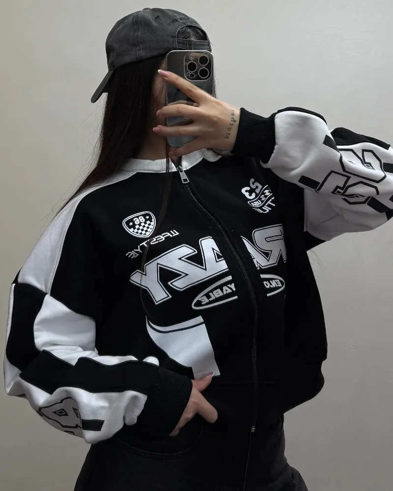 American Street Impiombato ​ ​ Giacca con cerniera senza colletto stampato casual oversize top slim retrò hip-hop cappotti di marca di moda da donna