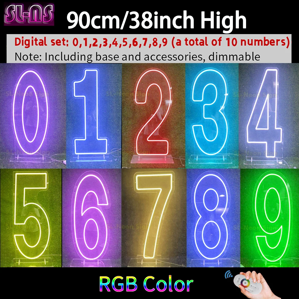 LED Sign Set Number 0-9 Neon Signs 90cm High LED Number Light Up Signs for First Birthday Decoration With Base and Dimming