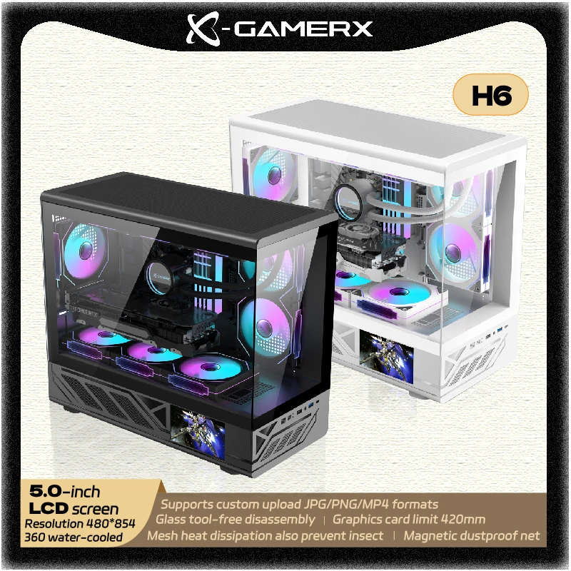

Power train X-GAMERX H6 sea view room PC gaming case MATX LCD screen Resolution 480×854 supports 360 water-cooled computer case