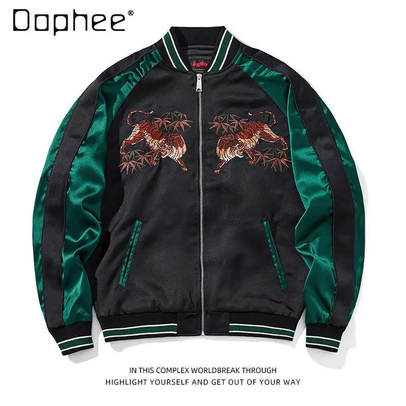 

Streetwear Tiger Embroidered Jacket 2026 New Japanese Sukajan Tiger Bamboo Embroidered Satin Bomber Jacket Men and Women