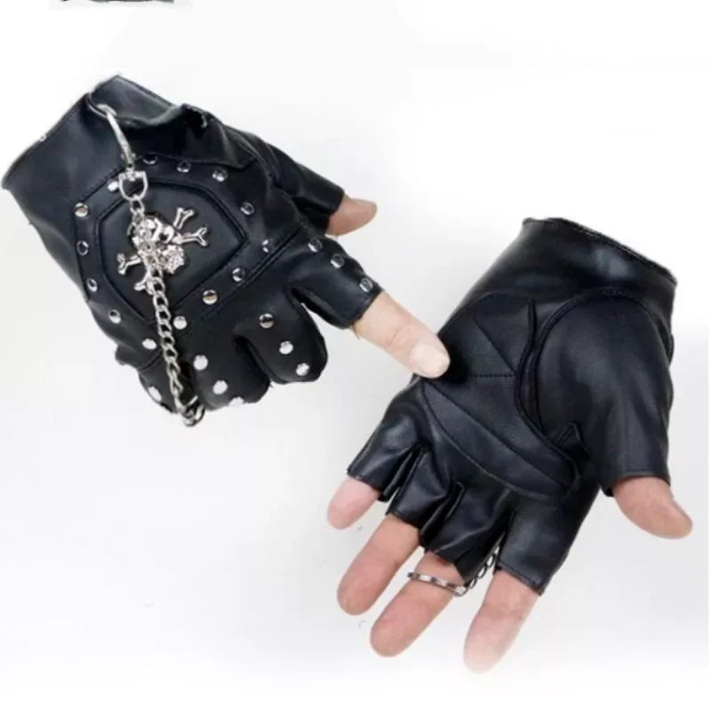 The New Punk Gothic Leather Pair Fingerless Biker Sports Mountain Gloves With Cranium Studded For Men 1 Pair