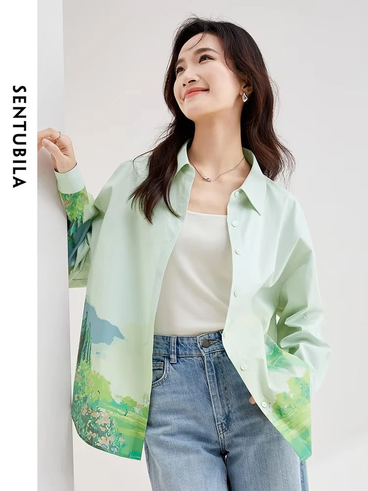 SENTUBILA Contrast Printed Fashion Shirts for Women 2024 Casual Loose Fit Drop Sleeve Button Up Shirts & Blouse Cotton Blend Top