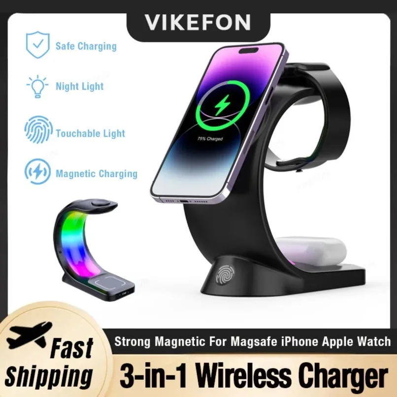3 in 1 C Shape Magnetic Wireless Charger with RGB Ambient Light Fast Charging Stand For iPhone iWatch AirPods Desktop Use