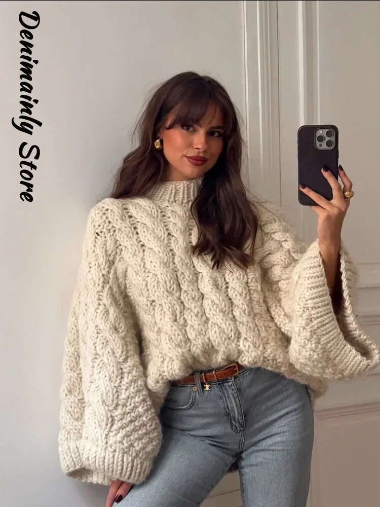 

Повседневный вязаный свитер оверсайз, женский свободный однотонный пуловер с круглым вырезом и длинными расклешенными рукавами, осень-зима 2025 года, винтажные пуловеры