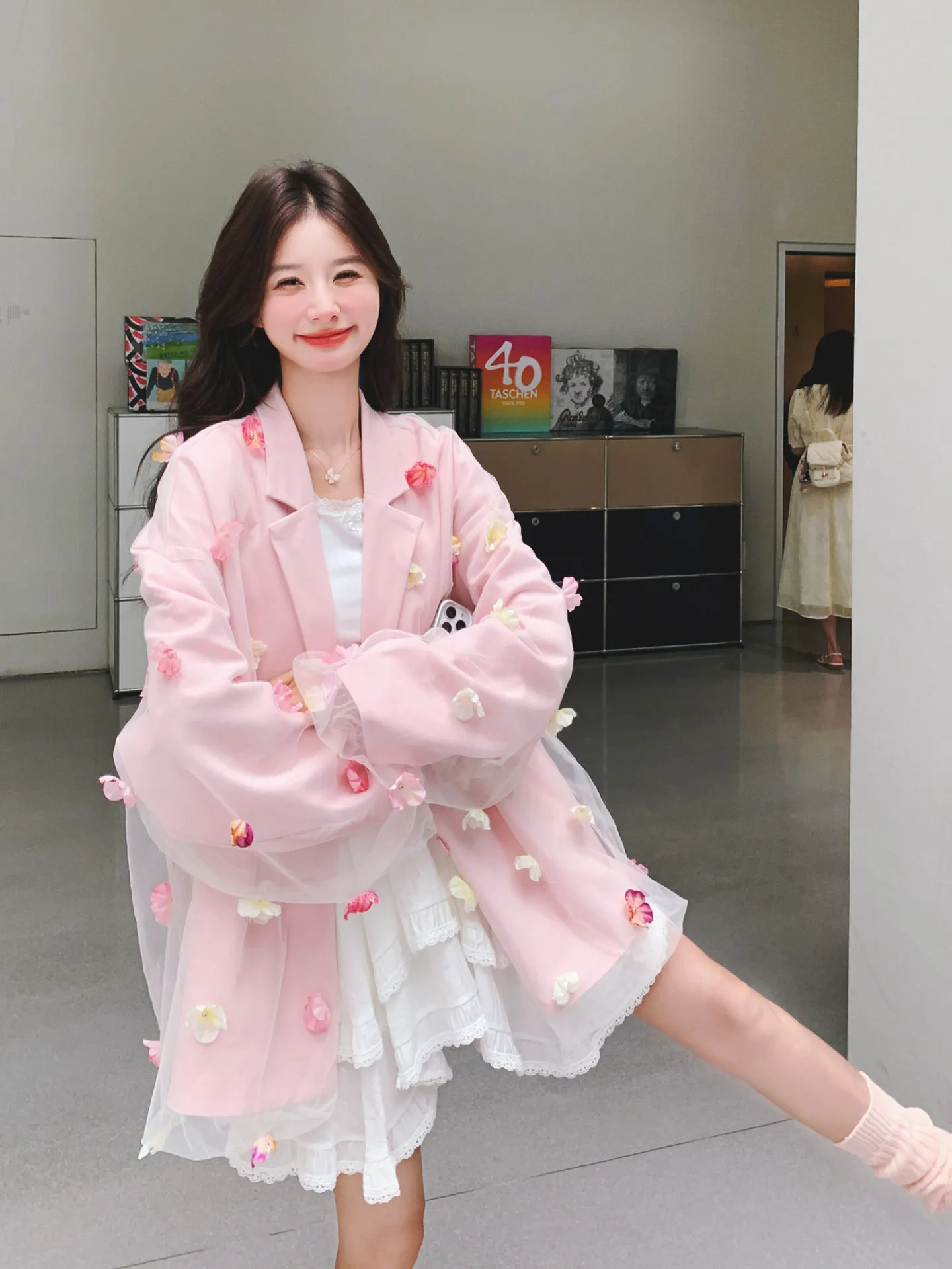 

Korean Style Sweet Three-Dimensional Flower High-End Suit Jacket For Spring Autumn New Women's Top Design Pink Chiffon Suit
