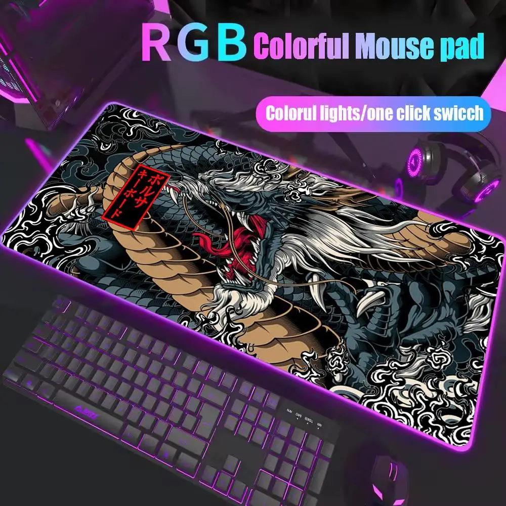 Alfombrilla de ratón para juegos XXL RGB, alfombrilla de escritorio de dragón, accesorios para jugadores negros HD, alfombrillas de ratón con luz LED grande, alfombra para ordenador con retroiluminación