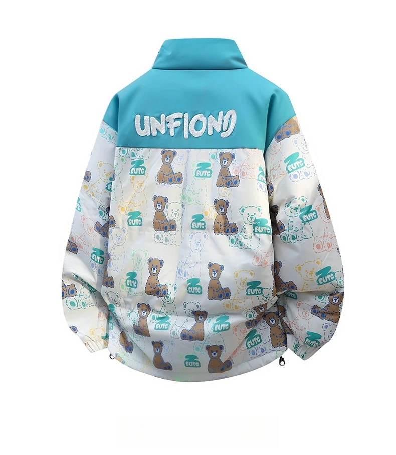 شتاء جديد الوردي الأخضر الوقوف طوق الكرتون الدب طباعة سترة قطن الرجال فضفاضة مريحة تنوعا معطف القطن الأسود غير رسمي #4