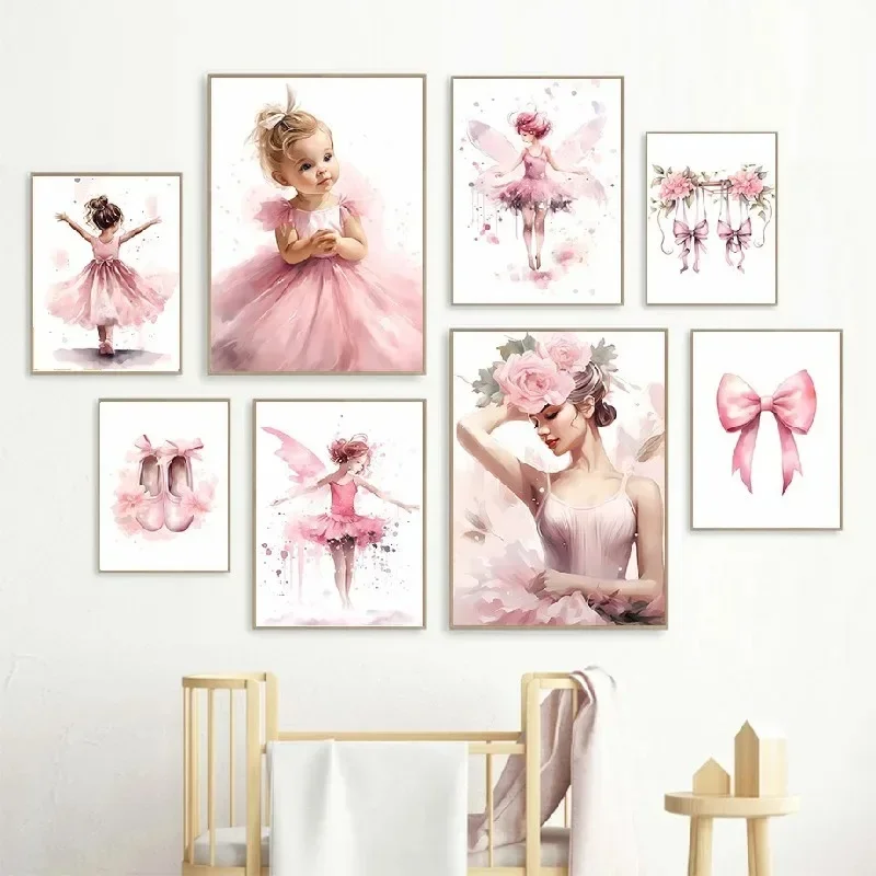 Poster Vintage Canwas Gemälde Drucke Bilder für Kinderzimmer Dekor Hübsches Ballett Mädchen Cartoon Blumen Abstrakte Malerei Wandkunst