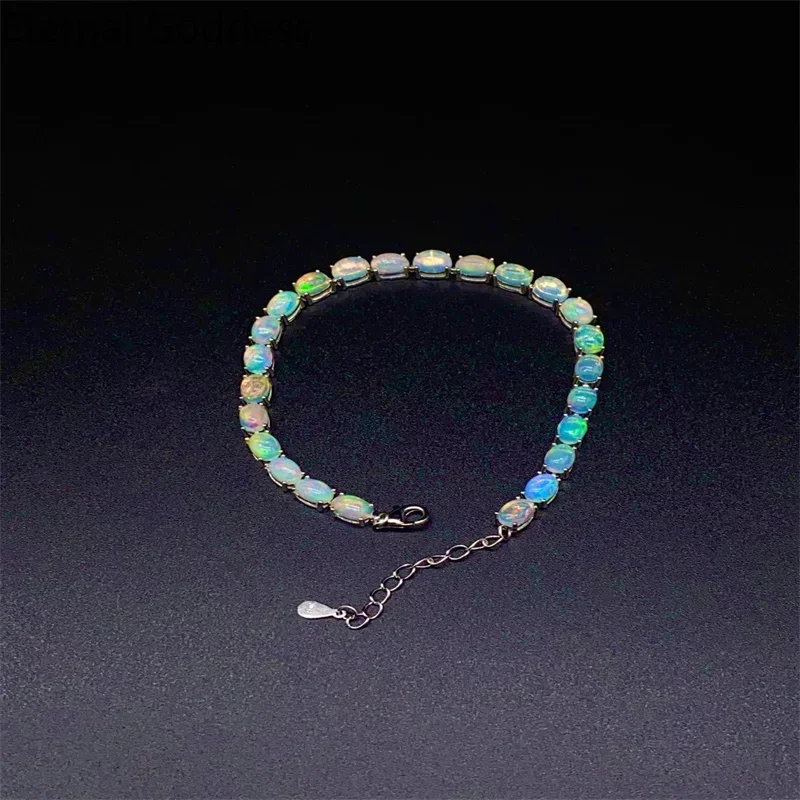 925 Sterling Silver Natural Opal Simple Bracelet Colorful Stone Bracelet Women\'s Fine Wedding Jewelry 24 Pc 4*6mm Fine Jewelry