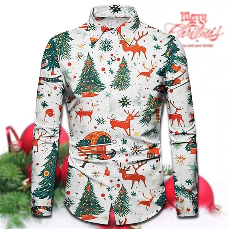 Men’s Christmas-Themed Long-Sleeve Button-Down Shirt Festive Print Loose Casual Fit Perfect for Holiday Parties and Streetwear
