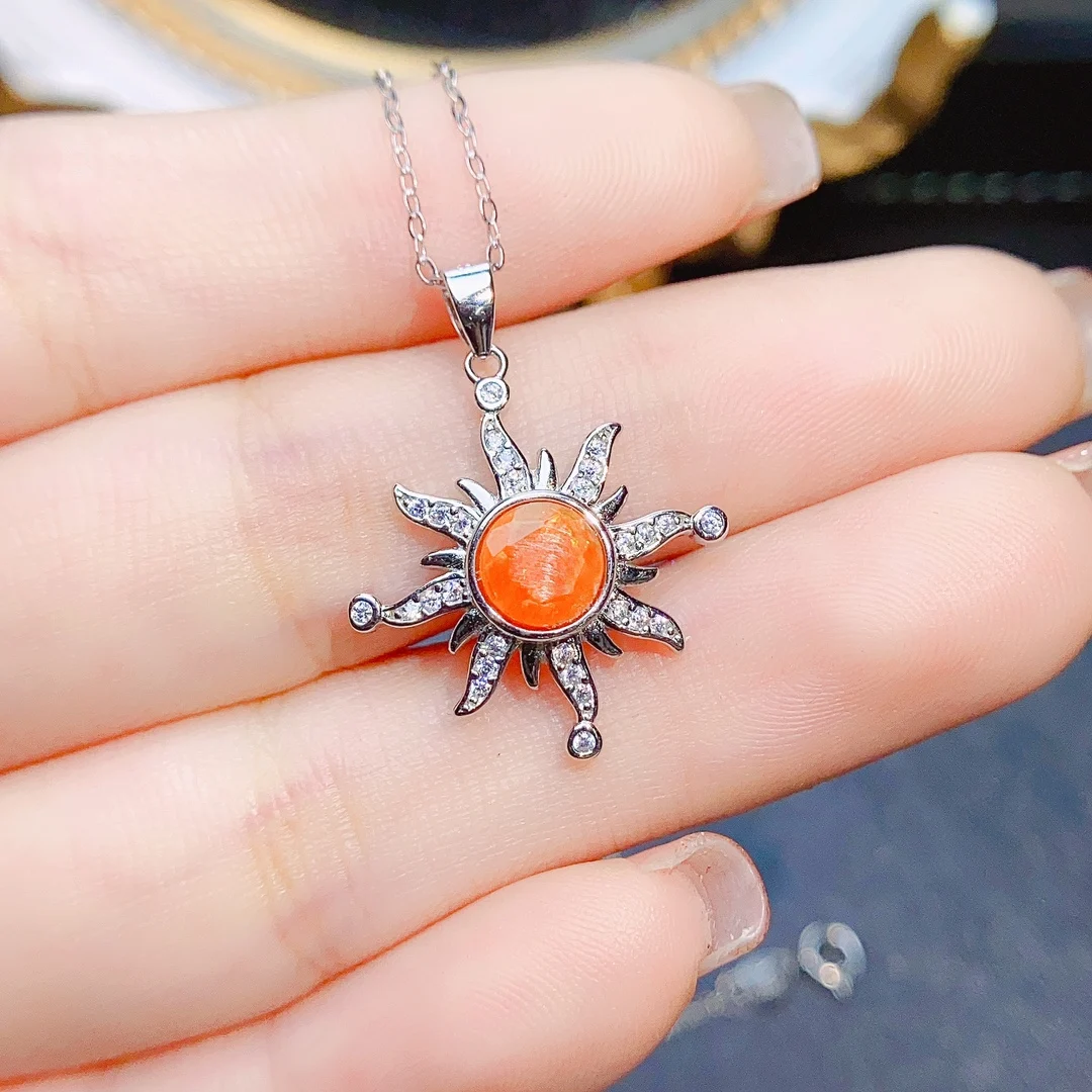 Natural Orange Opal AAA VVS Red Orange Fire Opal Sun Pendant Neckalce 925 Sterling Silver Jewelry For Women Man Gift