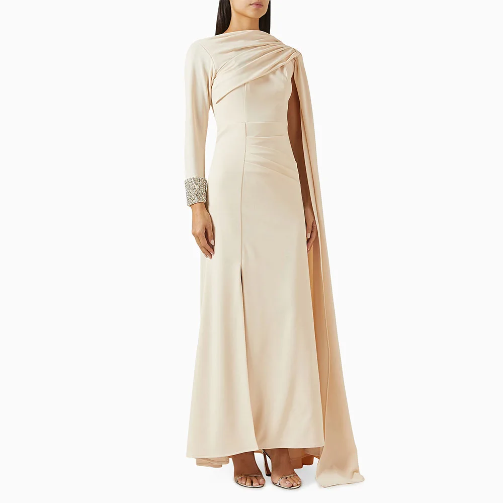 

Saudi Arabian Evening Dress Maxi O Neck Crystal Long Sleeve Mermaid Evening Gowns Side Split Draped Cloak Sleeve Formal Dresses