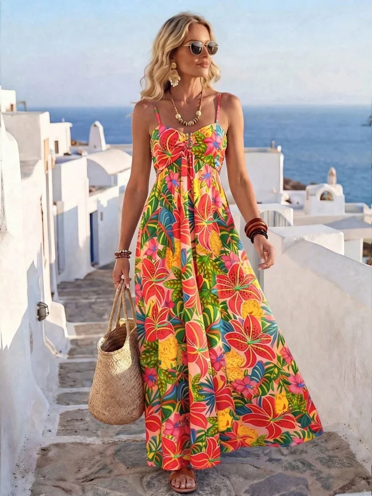 Women's Red Floral Boho Summer Vacation Dress, Spaghetti Strap Tropical Print High Waist Backless Maxi Dress