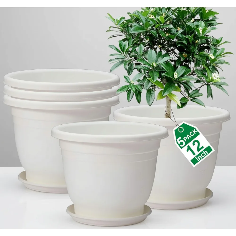 

5 упаковок 12-дюймовых пластиковых цветочных горшков с блюдцами, большие горшки для дренажных отверстий для комнатных и наружных растений