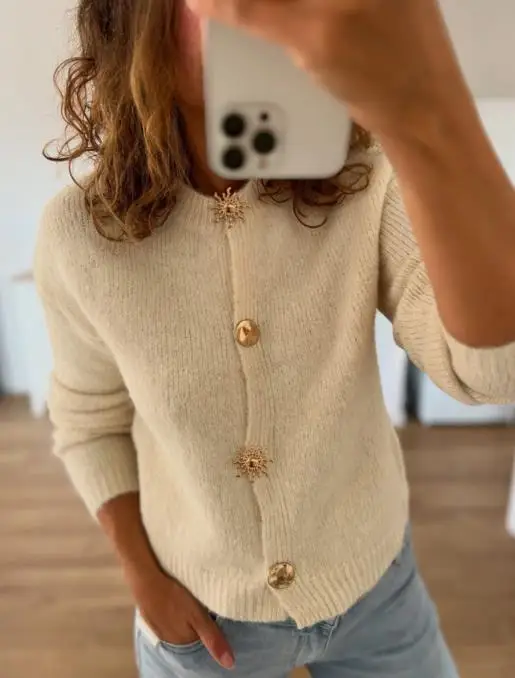 

Осень/зима 2022, новое модное повседневное пальто, элегантный и универсальный шерстяной свитер с металлической пряжкой, женский свитер, женская одежда