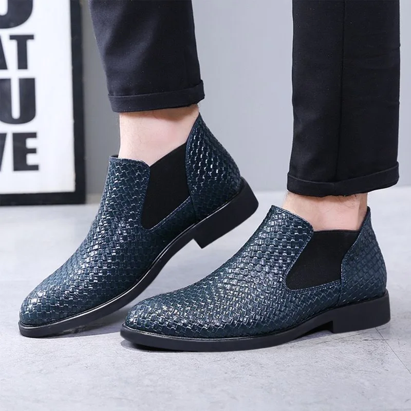 Czarne męskie buty, luksusowe, wysokiej jakości botki Chelsea, męskie skórzane buty za kostkę, casualowe buty designerskie, klasyczne biznesowe botki męskie. — zdjęcie 6