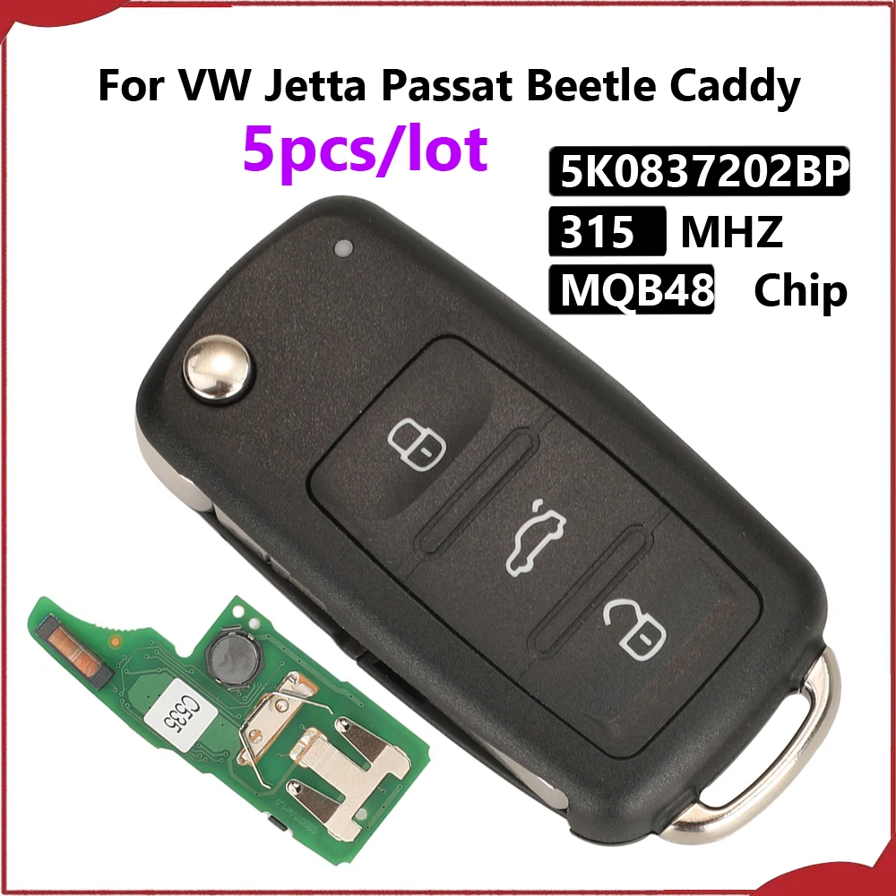 Jingyuqin New 5pcs Keyless 315Mhz MQB48 Car Key For VW Jetta Passat Beetle Multivan Transporter Tiguan 2016-2019 5K0837202BP