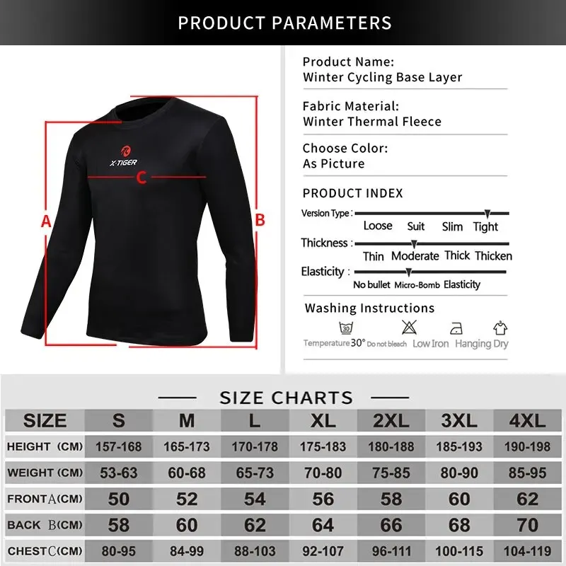 X-TIGER Winter Cycling Base Layer Long Sleeve Warm Bike Underwear Fleece Sports Bike Shirt For Keep Warm Racing Bicycle Shirt